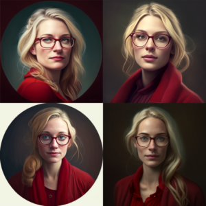 Blonde Dreißigjährige mit Brille und roter Weste - erstellt mit dem KI-Bilder-Tool Midjourney