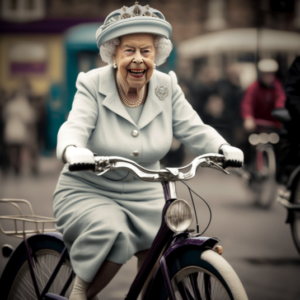Die Queen am Fahrrad - erstellt mit Midjourney