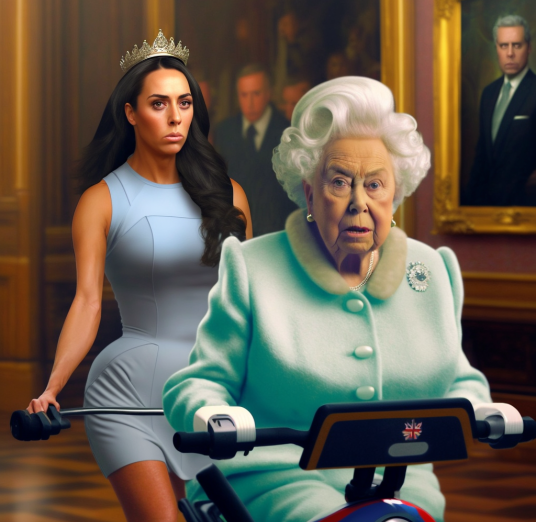 Kim Kardashian und die Queen auf einem Roller - mit dem KI-Tool Midjourney erstellt