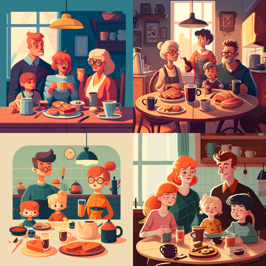 Familie beim Frühstück - mit dem KI-Bilder-Tool Midjourney erstellt